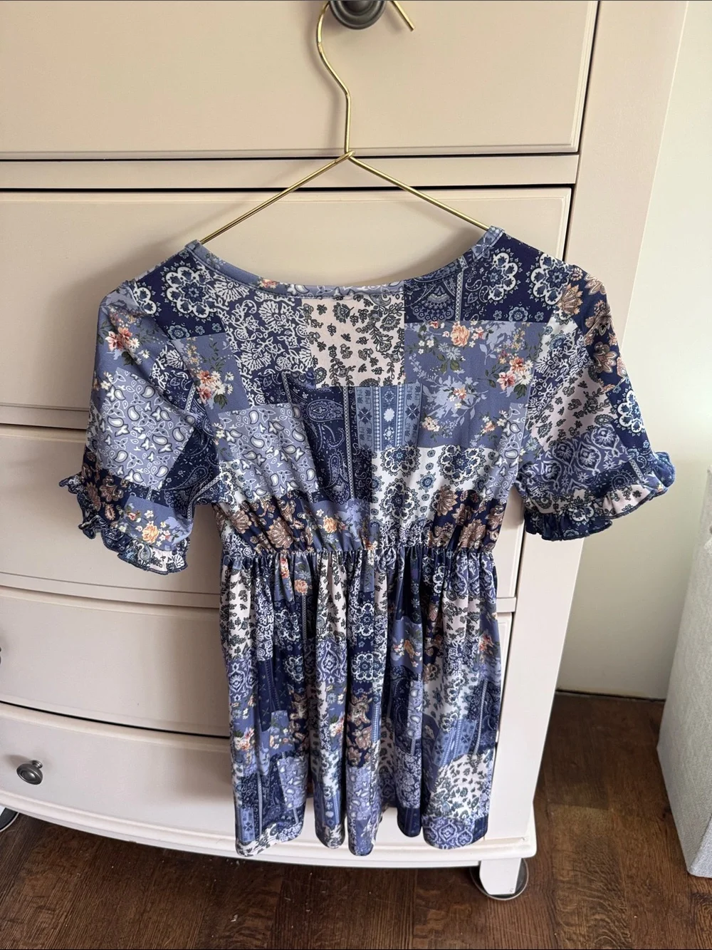 Rare Editions Blue Patchwork Floral Girls Ruffle-Sleeve Dress